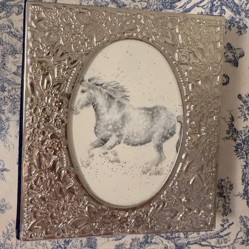 Sterling Silver Etched Floral Picture Frame with Horse Art - Picture 1 of 6